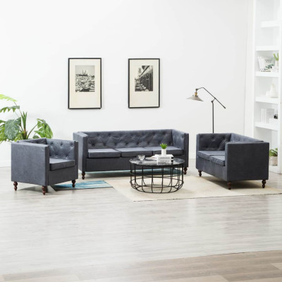 Komplet chesterfield kavčev 3 kosi obloga iz blaga siva