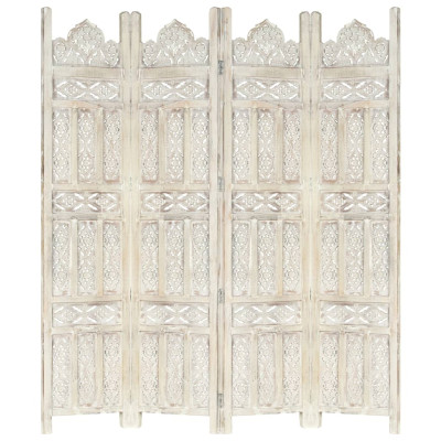 Ročno izrezljan paravan 4-delni bel 160x165 cm trden mangov les