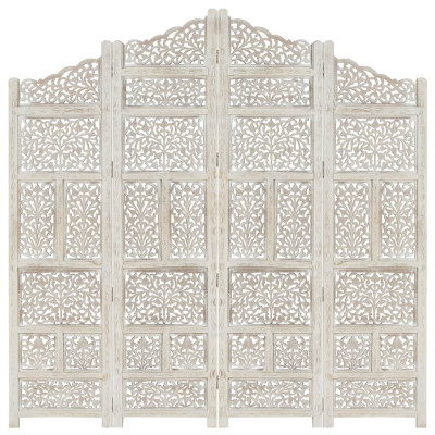 Ročno izrezljan paravan 4-delni bel 160x165 cm trden mangov les