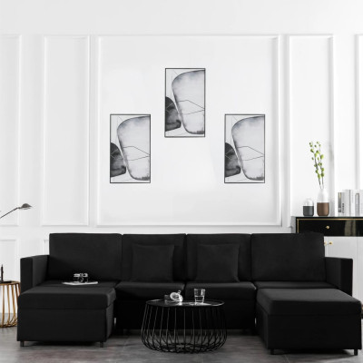 Izvlečni kavč z ležiščem štirised iz blaga črn