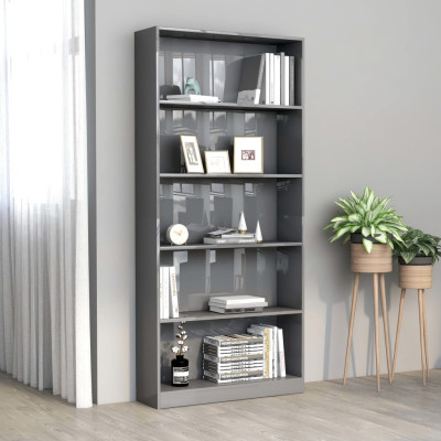 Knjižna omara 5-nadstropna visok sijaj siva 80x24x175 cm