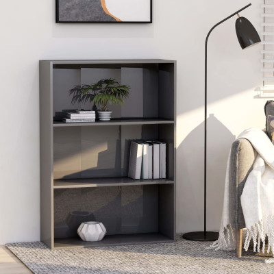 Knjižna omara 3-nadstropna visok sijaj siva 80x30x114 cm