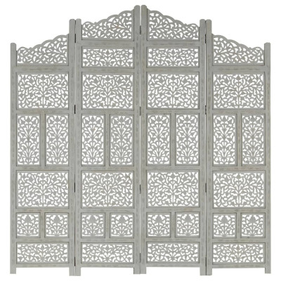 Ročno izrezljan paravan 4-delni siv 160x165 cm trden mangov les