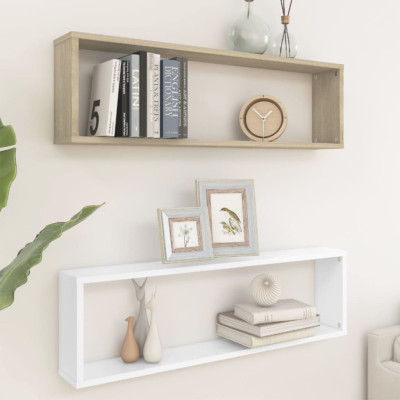 Stenske police kockaste 2 kosa bele in sonoma hrast 100x15x30cm