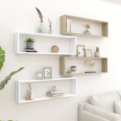 Stenske police kockaste 4 kosi bele in sonoma hrast 100x15x30cm