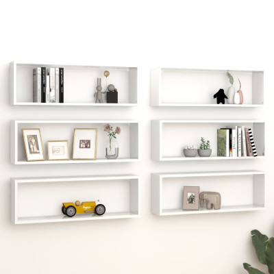 Stenske police kockaste 6 kosov visok sijaj bele 80x15x26,5 cm