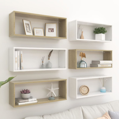 Stenske police kockaste 6 kosi bele in sonoma hrast 60x15x23 cm