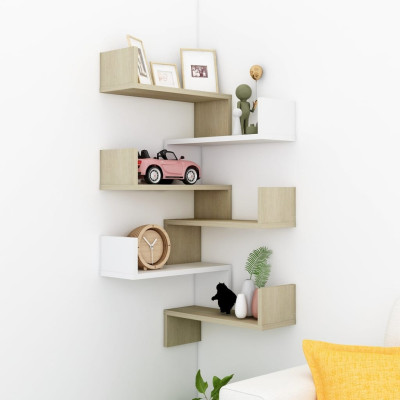 Stenske kotne police 2 kosa bele in sonoma hrast 40x40x50 cm