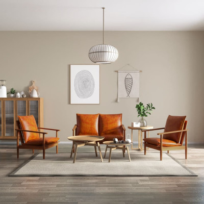 Sedežna garnitura 3-delna pravo usnje in akacijev les rjava